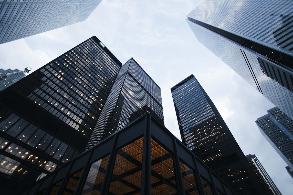 Glass towers of a financial district at dusk